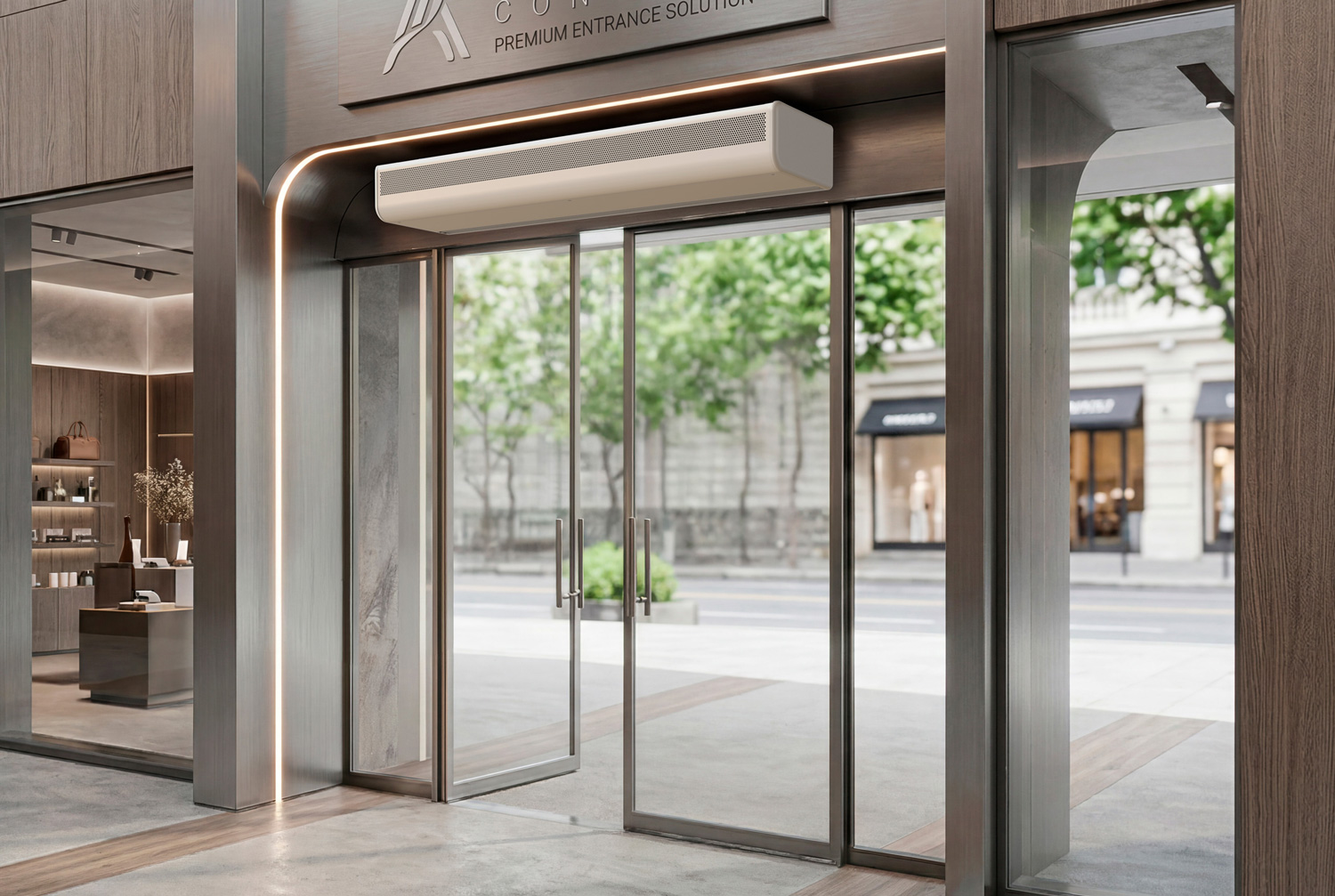 Recreación de una instalación de la cortina de aire Aris Open de Airtècnics en una puerta comercial Recreación de una instalación de la cortina de aire Aris Open de Airtècnics en una puerta comercial