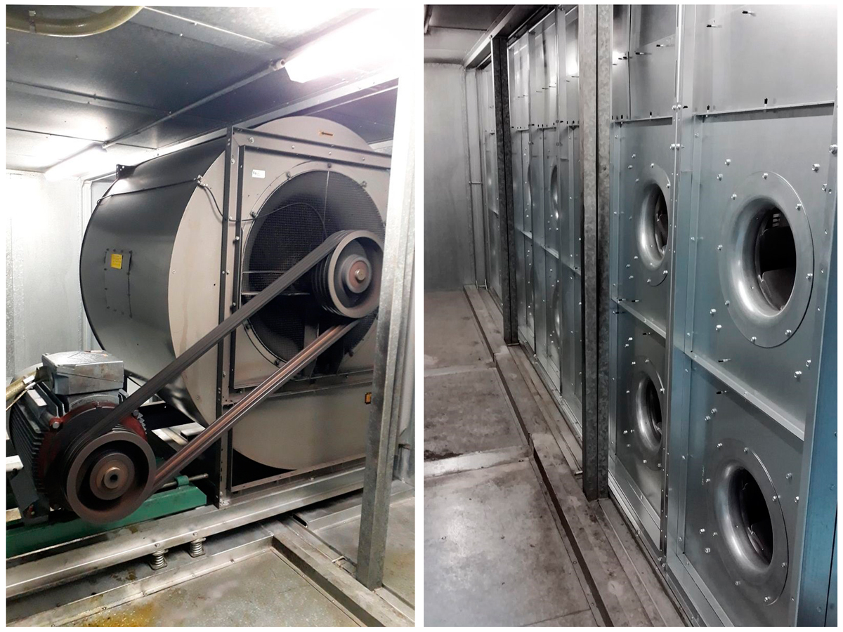 Abans i després d'una UTA amb la instal·lació d'ECFanGrid en comptes d'un ventilador accionat.
